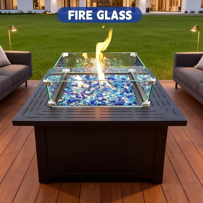 10 Pounds Fire Glass Rocks, 3/4 Mixed Color Fire Glass Beads for Propane Fire Pit, Fireplace and Outdoor Decorative (Caribbean Blue+Cobalt Blue+Crystal Ice)
