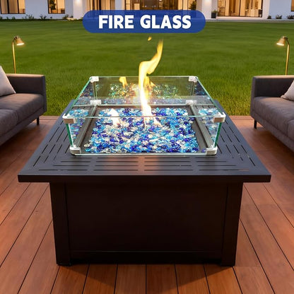 10 Pounds Fire Glass Rocks, 3/4 Mixed Color Fire Glass Beads for Propane Fire Pit, Fireplace and Outdoor Decorative (Caribbean Blue+Cobalt Blue+Crystal Ice)