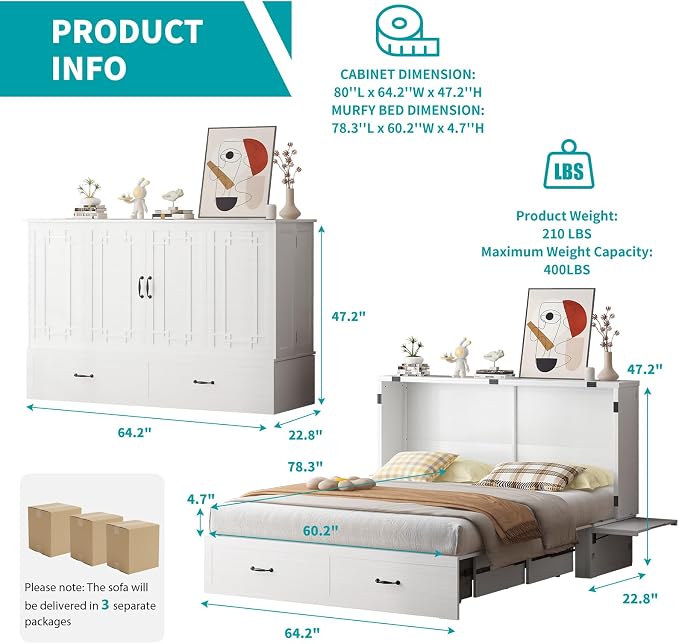 BALUS Queen Murphy Bed with Mattress, Cabinet Bed with Mattress & USB Charging Ports & Storage Drawers, Space-Saving Chest Murphy Beds, Hidden Cabinet Beds for Bedroom, Office - White