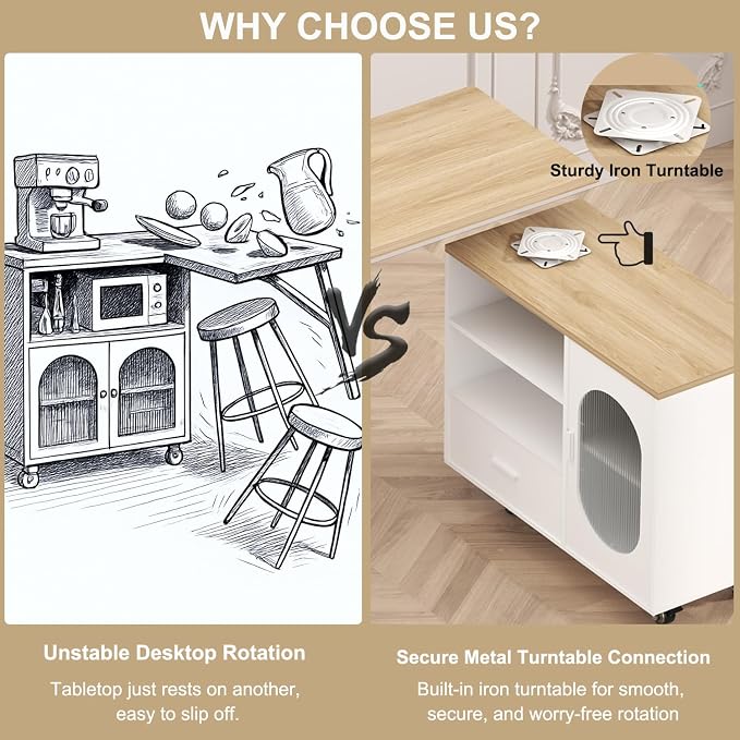 HSH 72.4” Rolling Kitchen Island with Swivel Table, Storage Cabinet, Drawers & Shelves, White Modern Mobile Island Cart on Wheels, Farmhouse Wood Island Table for Kitchen, Dining Room, Home Bar