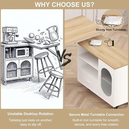 HSH 72.4” Rolling Kitchen Island with Swivel Table, Storage Cabinet, Drawers & Shelves, White Modern Mobile Island Cart on Wheels, Farmhouse Wood Island Table for Kitchen, Dining Room, Home Bar