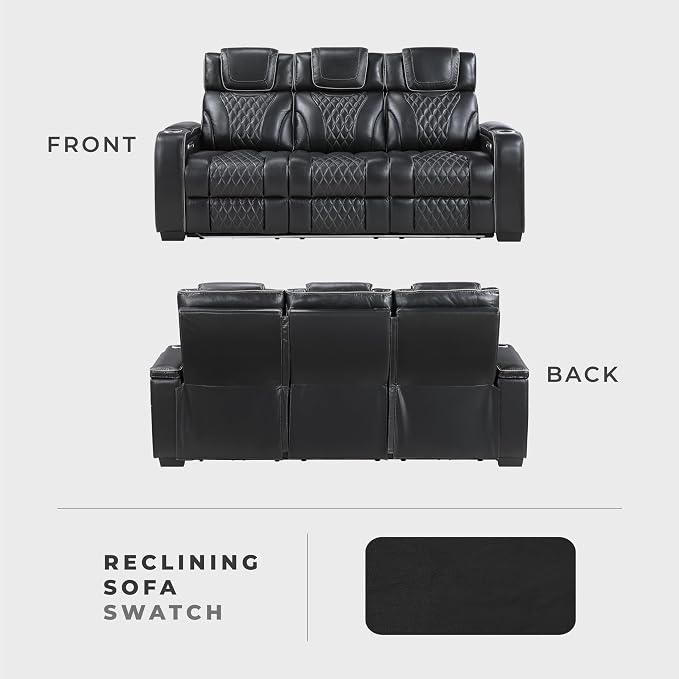 Lexicon Power Double Reclining Sofa, Center Drop-Down Table with Heat/Massage/Headrest/Storage Arms/Cup Holders/LED Lights/Wireless Charging, Top Grain Leather Match Wall Hugger Recliner Sofa, Black
