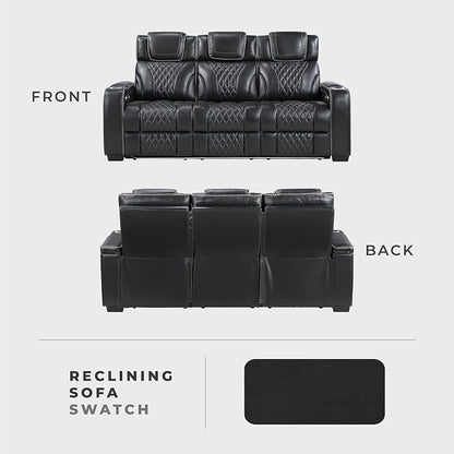 Lexicon Power Double Reclining Sofa, Center Drop-Down Table with Heat/Massage/Headrest/Storage Arms/Cup Holders/LED Lights/Wireless Charging, Top Grain Leather Match Wall Hugger Recliner Sofa, Black
