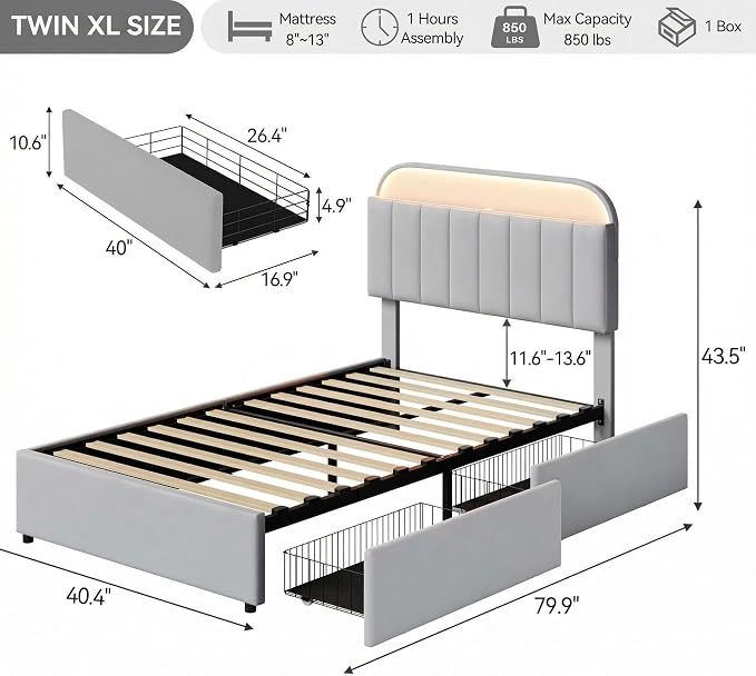 GarveeHome Twin XL Bed Frame with Storage Headboard, Kids Bed Frame with 2 Drawers, Velvet Upholstered Platform Bed Frame with Lights, No Box Spring Needed, Easy Assembly, Velvet Grey