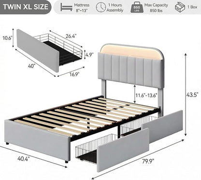 Garvee Twin XL Size Bed Frame with 2 Flexible Drawers, Velvet Upholstered Platform Bed Frame with Bookcase Headboard and LED Lights, Kids Bed for Girls, Easy Assembly, Noise Free, Grey
