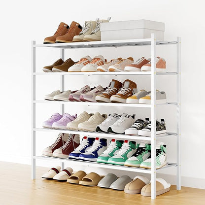 Smiry Long Bamboo Shoe Rack, 5 Tier Free Standing Wooden Shoe Organizer, Stackable Wood Shoe Storage Shelf for Closet, Entryway, 12 Vertical Slats, 2+2+1 Stack Standard Legs, 33.7"x11"x32.5", White