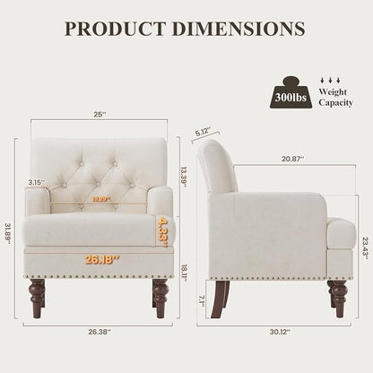 MALOL Upholstered Accent Chair, Comfy Reading Chair for Living Room, Mid Century Modern Armchair with Thick Cushion & Solid Rubberwood Legs, for Bedroom/Small Spaces, Beige