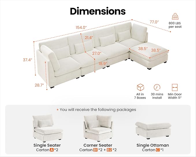 154" Oversized Chenille Couch Modular Sectional Sofa, Washable Cloud Couch Sectional with Ottoman, 5 Seater Sectional Couches for Living Room, Fully Cover Removable, L Shaped, Chenille, White