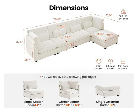 154" Oversized Chenille Couch Modular Sectional Sofa, Washable Cloud Couch Sectional with Ottoman, 5 Seater Sectional Couches for Living Room, Fully Cover Removable, L Shaped, Chenille, White