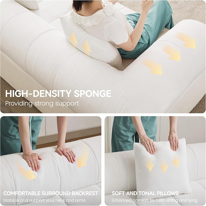 119'' Curved Boneless Sofa Couch, 3 Seat Cloud L Shaped Deep Seat Couches for Living Room, No Assembly Modular Sofa with Right Chaise Lounge, White