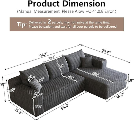 95" Cloud Sectional Couch with L-Shape Chaise, Modular Comfy Sofa Chaise Longue, Upholstered Corduroy Couches Sleeper with Deep Seat for Living Room Bedroom, No Assembly Required(Grey, Right Facing)