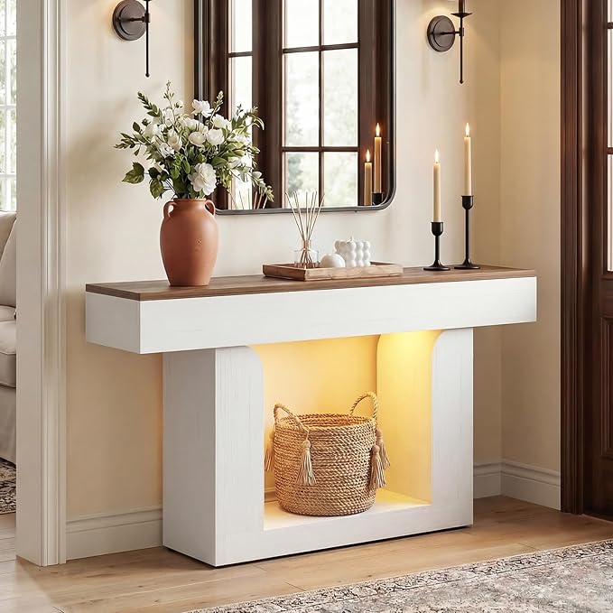 Homieasy Console Table, 47" Entryway Table with LED Lights & Charging Station, Farmhouse Wooden Sofa Table Behind Couch, Narrow Hallway Table for Living Room, Foyer, Entry, Antique White & Brown