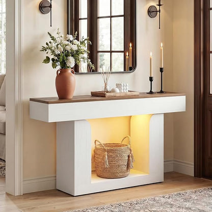 Homieasy Console Table, 47" Entryway Table with LED Lights & Charging Station, Farmhouse Wooden Sofa Table Behind Couch, Narrow Hallway Table for Living Room, Foyer, Entry, Antique White & Brown