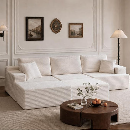 103" Modular Sectional Sofa, Comfort U Shaped Boneless Couch for Living Room, Extra Deep Seats No Assembly, Corduroy (White, 3 Seater + 2 Ottomans）