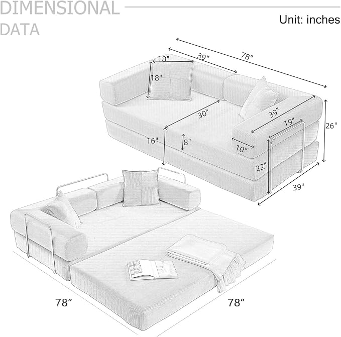 4-in-1 Folding Convertible Sofa Bed, 78 Inch Boneless Couch with Fixed-Shape Frame, Corduroy Loveseat Sleeper with Pull Out Bed, Floor Sofa Modular Futon Couch for Living Room Bedroom Lounge (Orange)