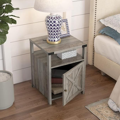 Farmhouse Nightstand Set of 2 with Charging Station, Rustic End Table Bedroom with Storage Living Room Side Table Dark Oak Night Stand Industrial Bedside Bed Table with USB Ports and Outlets
