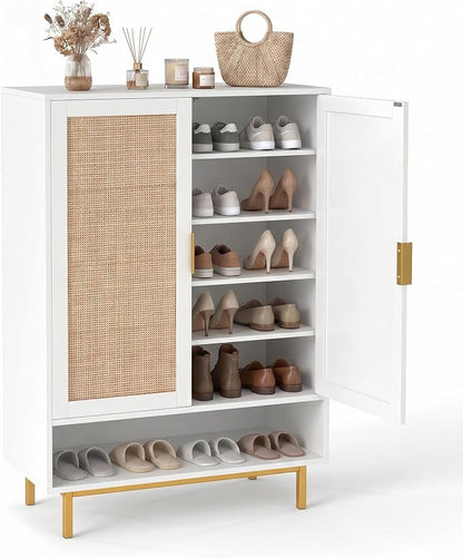 LOKO Shoe Storage Cabinet with 2 Doors, 6-Tier Rattan Shoe Organizer with Adjustable Shelves & Open Compartment, Freestanding Hidden Shoe Cabinet for Entryway, Closet & Living Room (White)