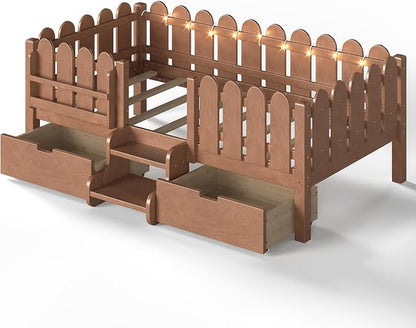 Bellemave Twin Kids Montessori Bed with Stairs, Bookshelf and LED Lights, Solid Wood Kids Bed Frame with Storage Drawers for Boys Girls, Low Profile,Deep Natural