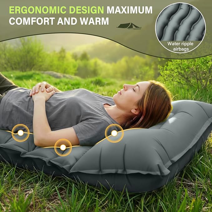 FUN PAC Camping Sleeping Pad, Ultralight Camping Mat with Pillow Built-in Foot Pump Inflatable Sleeping Pads Compact for Camping Backpacking Hiking Traveling - Gray