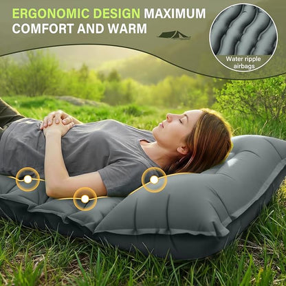 FUN PAC Camping Sleeping Pad, Ultralight Camping Mat with Pillow Built-in Foot Pump Inflatable Sleeping Pads Compact for Camping Backpacking Hiking Traveling - Gray