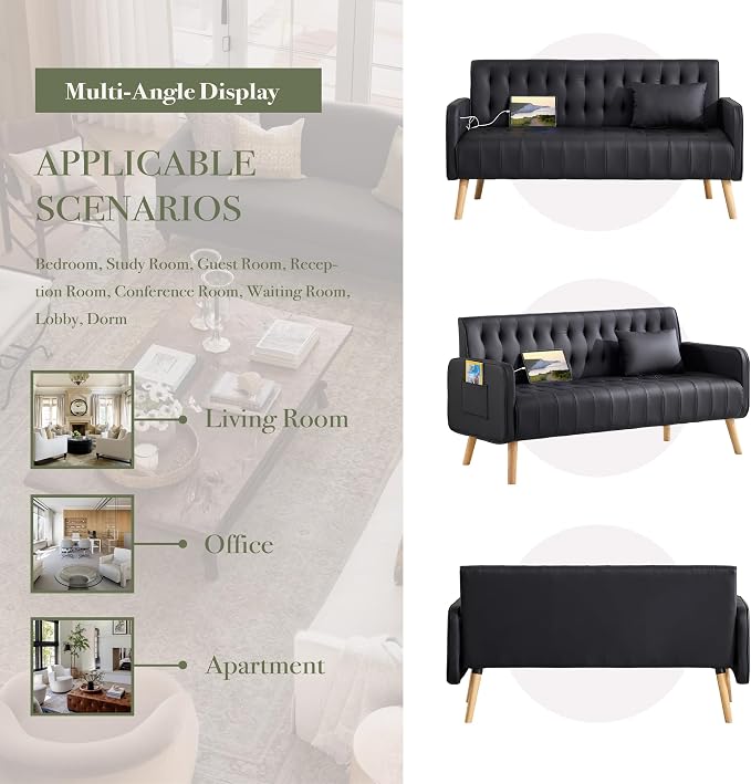 57” W Loveseat Sofa, Small Black Faux Leather Couch w/USB Charging Ports & Pockets, Mid Century Modern Tufted Love Seat Couches, Mini Office Sofa Couch for Small Spaces, Bedroom, Apartment