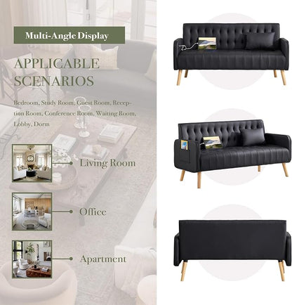 57” W Loveseat Sofa, Small Black Faux Leather Couch w/USB Charging Ports & Pockets, Mid Century Modern Tufted Love Seat Couches, Mini Office Sofa Couch for Small Spaces, Bedroom, Apartment