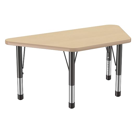 FDP Trapezoid Activity School and Classroom Kids Table (24 x 48 inch), Chunky Toddler Legs for Collaborative Seating Environments, Adjustable Height 15-24 inches - Maple Top and Maple Edge