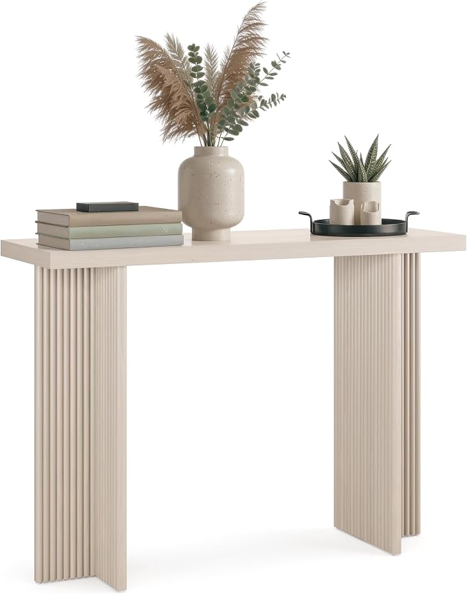 Stead Fluted Console Table – Weathered White Solid Wood Entryway Table with Oak Grain Veneer, Curved Base & Adjustable Feet – Modern Farmhouse Fluted Console Table for Hallway or Living Room.