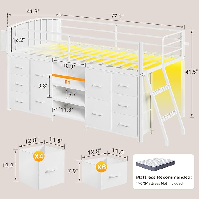 Twin Low Loft Bed with 10 Storage Drawers and LED Lights, Loft Bed Twin Size for Kids with Bookcase, Metal Kids Loft Bed Frames with Safety Guardrail, Inclined Ladder&Play Curtain,Spave Saving,White