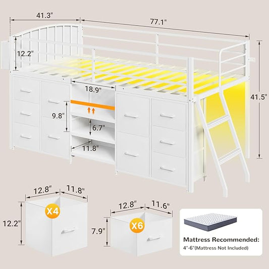 Twin Low Loft Bed with 10 Storage Drawers and LED Lights, Loft Bed Twin Size for Kids with Bookcase, Metal Kids Loft Bed Frames with Safety Guardrail, Inclined Ladder&Play Curtain,Spave Saving,White