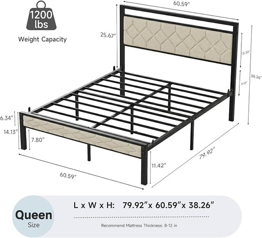 Z-hom Easy Assembly Upholstered Platform Bed Frame with Soft Padded Headboard, Modern Linen Fabric Mattress Foundation, No Box Spring Needed, Noise-Free & Sturdy Metal Support, Queen Size (Beige)