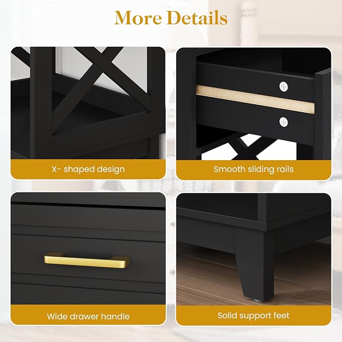May in Color Nightstand Set of 2, 30" Tall Side Table with 2 Drawers and Open Shelf, Bedside Table with Solid Feet, Modern End Table for Bedroom, Home Office, Black