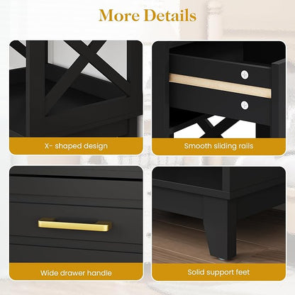 May in Color Nightstand Set of 2, 30" Tall Side Table with 2 Drawers and Open Shelf, Bedside Table with Solid Feet, Modern End Table for Bedroom, Home Office, Black