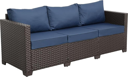 Rattan Star Patio Furniture Outdoor Couch 3 Seater Sofa Outdoor Brown Wicker Sofa Deep Seat High Backrest Patio Couch with Non-Slip Cushions and Waterproof Cover, Navy Blue