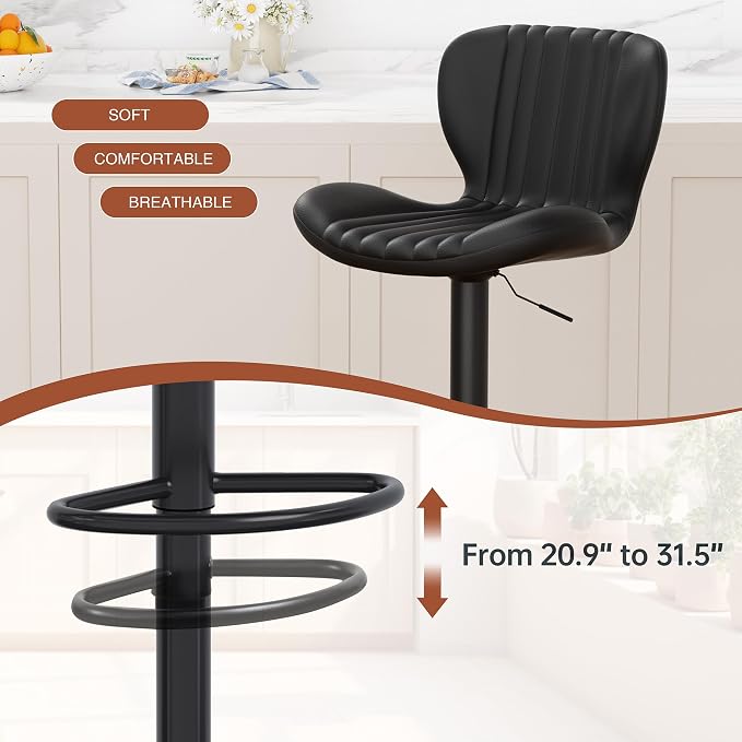 JAMFLY Bar Stools Set of 6, Leather Adjustable Barstools Counter Height Modern Bar Stools, Island Chairs Set of 4 for Kitchen, Black