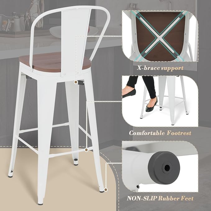 Athena Collection Counter Height Bar Stools Set of 2, 30.5 Inches Modern Barstools Set of 2 with Back and Metal Legs, Counter Height Bar Stool Chairs for Kitchen Island, Home, Dining Room, White