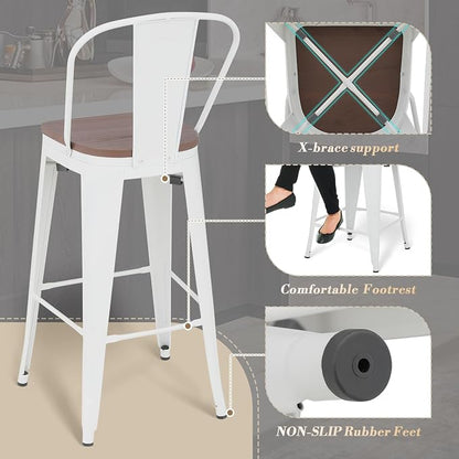 Athena Collection Counter Height Bar Stools Set of 2, 30.5 Inches Modern Barstools Set of 2 with Back and Metal Legs, Counter Height Bar Stool Chairs for Kitchen Island, Home, Dining Room, White