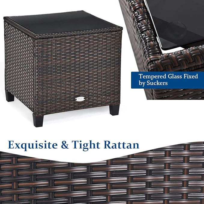 COSTWAY 3PCS Patio Furniture Set, PE Rattan Wicker Sofa w/Washable Cushion and Coffee Table, Tempered Glass Tabletop, Outdoor Conversation Set for Balcony, Porch, Yard, Backyard, Lawn, Navy Blue