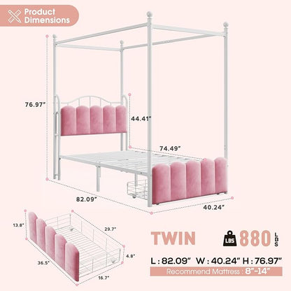 Homkdom Canopy Bed Frame Twin with Storage Drawers and LED Lights & Charging Station,Princess Velvet Upholstered Headboard,Heavy Duty 880lb,Easy Assembly,Pink