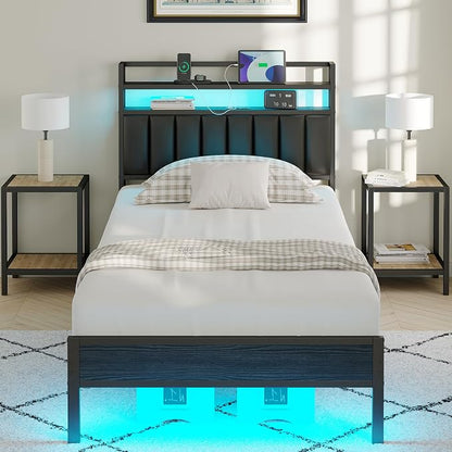 Twin Size Bed Frame with Upholstered Headboard and 2-Tier Storage Shelves | Metal / Charging Station / LED Lights / Under Bed Storage / Non-slip/ Noise Free / No Box Spring Needed / Black