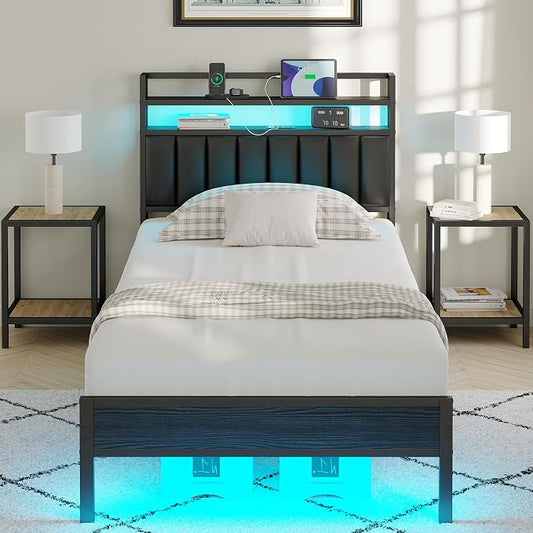 Twin Size Bed Frame with Upholstered Headboard and 2-Tier Storage Shelves | Metal / Charging Station / LED Lights / Under Bed Storage / Non-slip/ Noise Free / No Box Spring Needed / Black