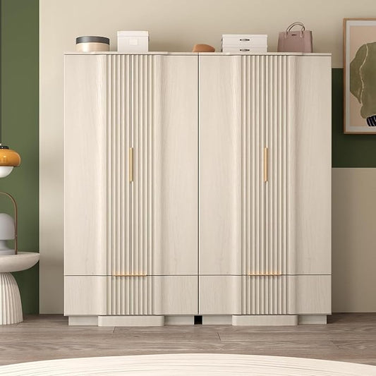Brafab 67" Fluted Armoire Wardrobe Closet Set of 2 with Drawers and Doors, Wooden Wardrobe Cabinet with Adjustable Shelves, Modern Storage for Clothes, Coats for Bedroom,White(2 pcs)