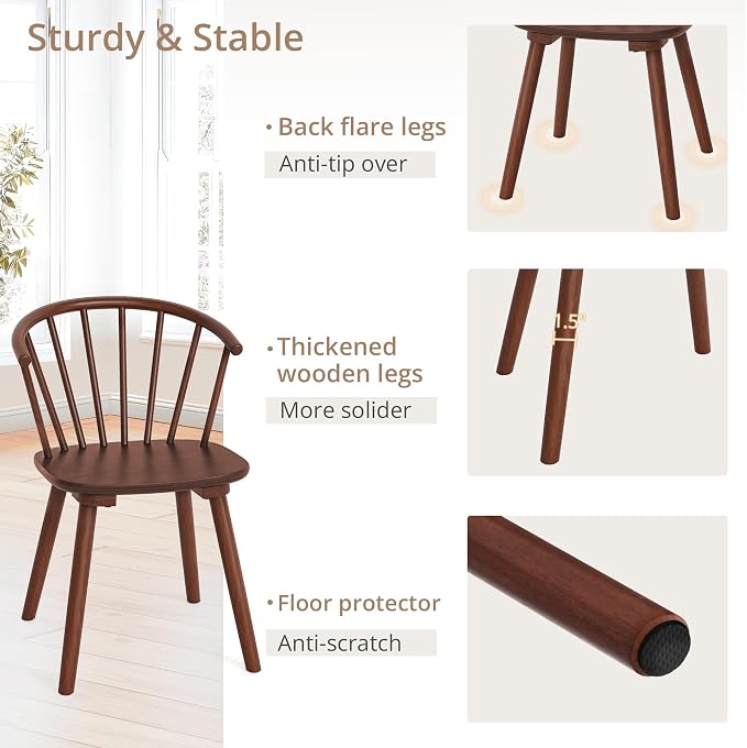 LUE BONA Brown Dining Chairs Set of 4, Farmhouse Wood Dining Chairs with Semicircular Backrest, Spindle Dining Chair for Kitchen and Dining Room, 18 Inch
