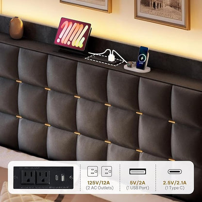 YITAHOME Queen Size Bed Frame with 3 Storage Drawers and RGB LED Lights, Velvet Upholstered Bed with Charging Station and Storage Headboard, No Box Spring Needed, Easy Assembly, Noise-Free, Grey