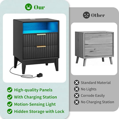 LVSOMT 20'W Fluted Nightstand Set of 2, Night Stand with Charging Station and LED Lights, RFID Lock Hidden Drawer, Mid Century Modern Bedside Table for Bedroom, 2 Drawers and Open Storage Cubby, Black