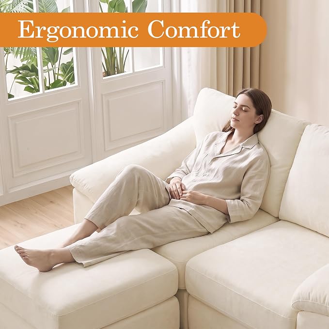 L Shaped Boneless Couch, Modern Loveseat Sofa with Ottoman, Floor Cloud Couch Sets with Extra Comfy Soft Deep Seats for Living Room, Apartment, No Assemby, Beige