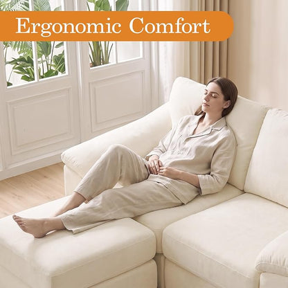 L Shaped Boneless Couch, Modern Loveseat Sofa with Ottoman, Floor Cloud Couch Sets with Extra Comfy Soft Deep Seats for Living Room, Apartment, No Assemby, Beige