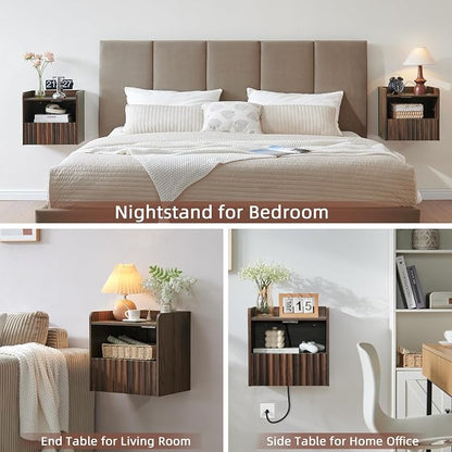 BuildHom Modern Fluted Floating Nightstand Wall Mounted - Bedside Table with Storage Drawer & Display Shelf, Minimalist Bedroom Furniture for Studio Apartments(Walnut)