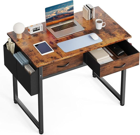 DUMOS 32" Small Home Office Computer Desk with Drawers, Gaming Writing Study Table with Storage Side Bag, Headphone Hook and Adjustable Feet for Bedroom and Escritorio, Brown