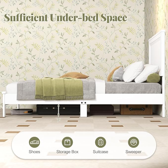 Giantex Wood Twin Bed Frames with Headboard, Mid Century Platform Bed Frame with Solid Wood Legs & Wooden Slat Support, Twin Bed Frames for Kids Adults, White Bed